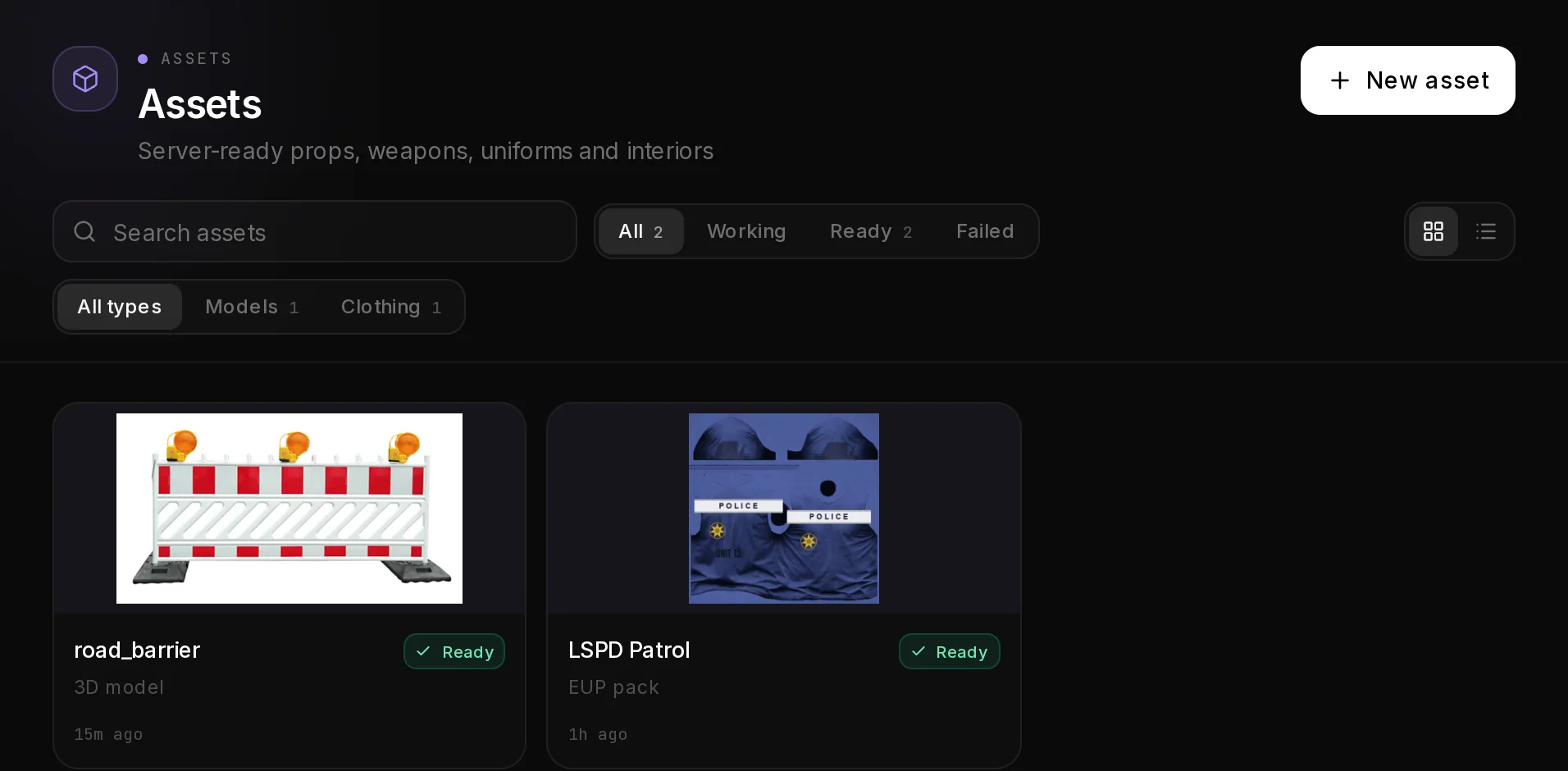 The Assets page of SwisserAI with a finished road barrier prop and the New asset button at the top right.