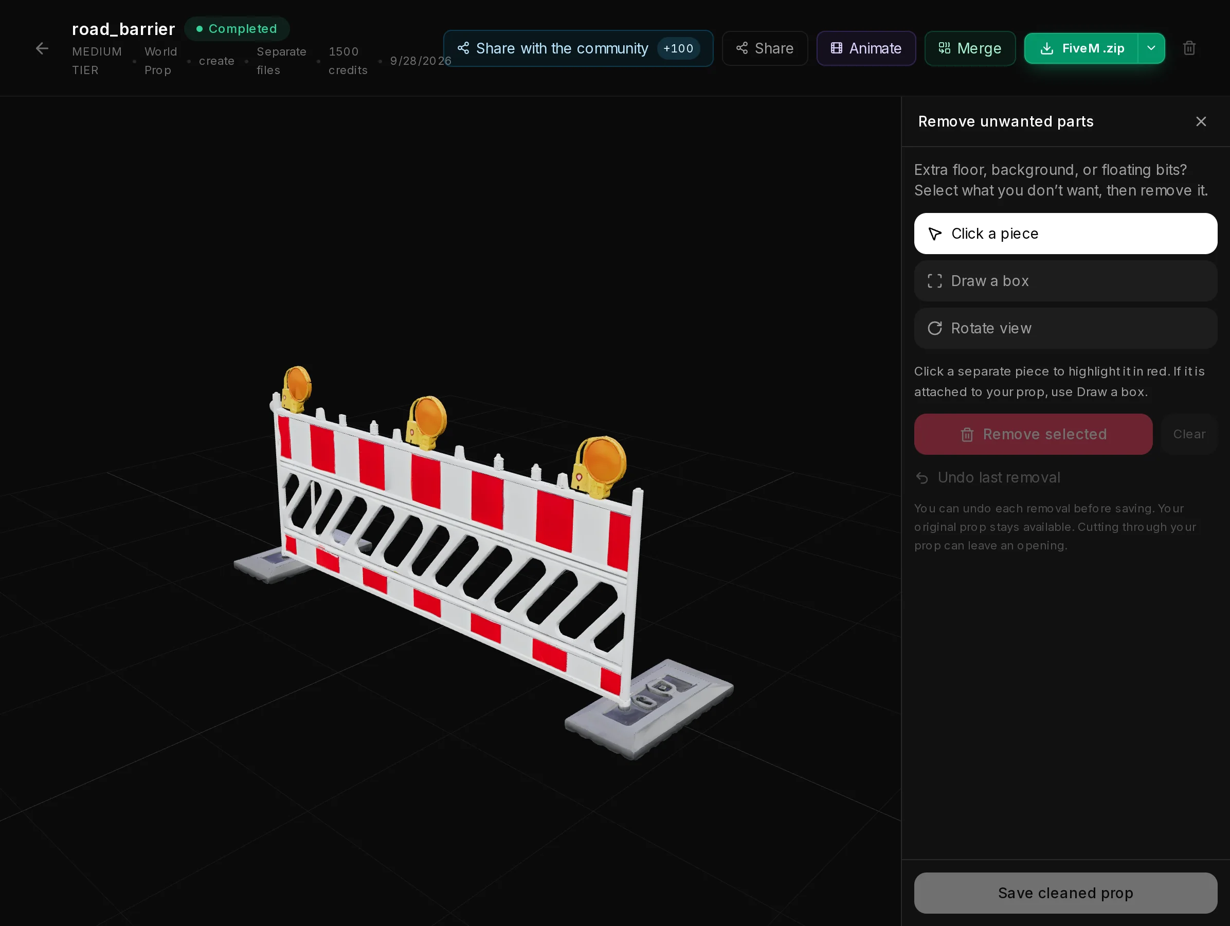 The Remove unwanted parts panel next to the model: Click a piece, Draw a box and Rotate view, Remove selected and Save cleaned prop.