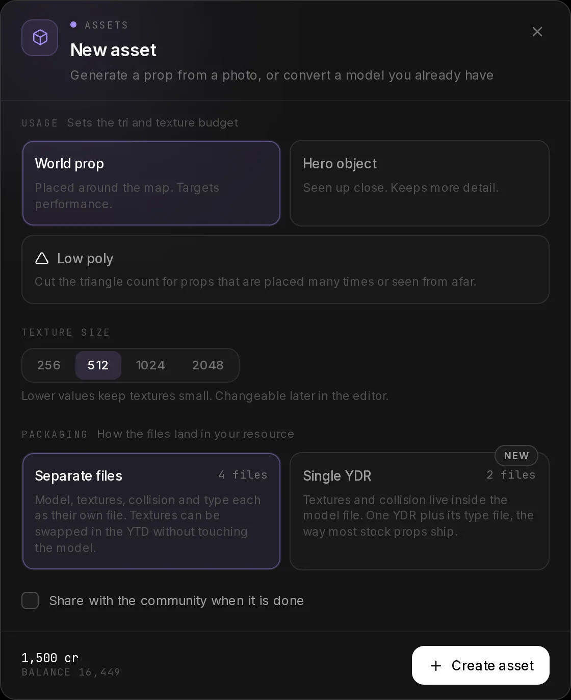 The end of the dialog: texture size 512, the packaging choice between Separate files and Single YDR, the community checkbox and the Create asset button.