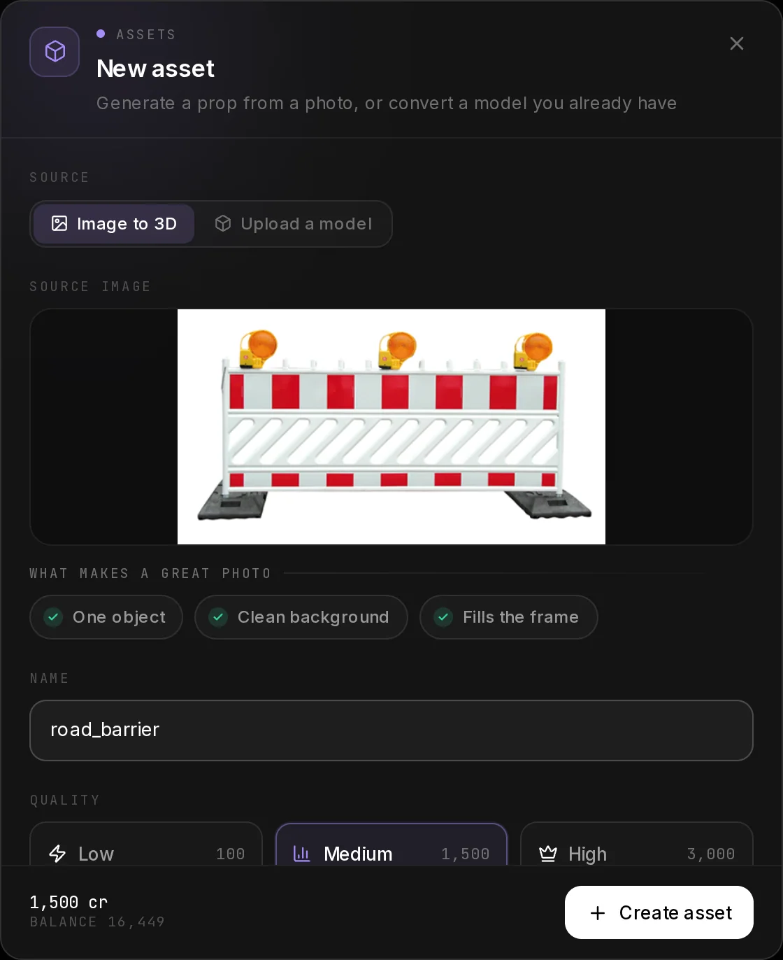 The dialog with a photo of a road barrier as the source image and road_barrier as the name; the footer shows the price and the balance.