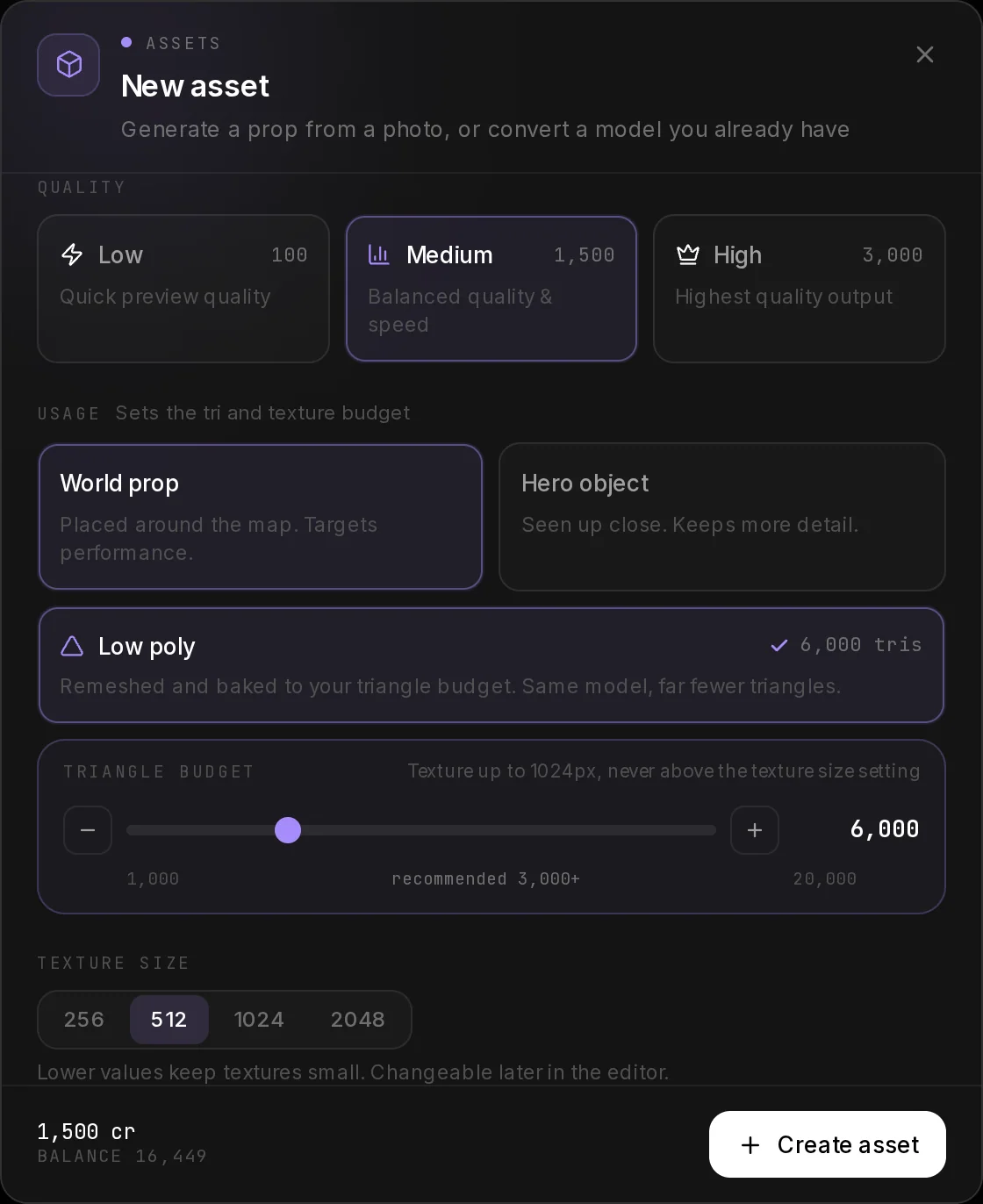 The Quality and Usage sections of the dialog: Low, Medium and High with their prices, World prop and Hero object, and Low poly switched on.
