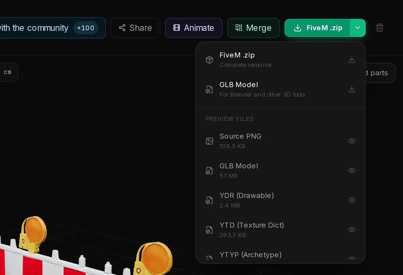 The download menu of a finished prop: FiveM .zip, GLB Model for Blender, and preview links for each single file.