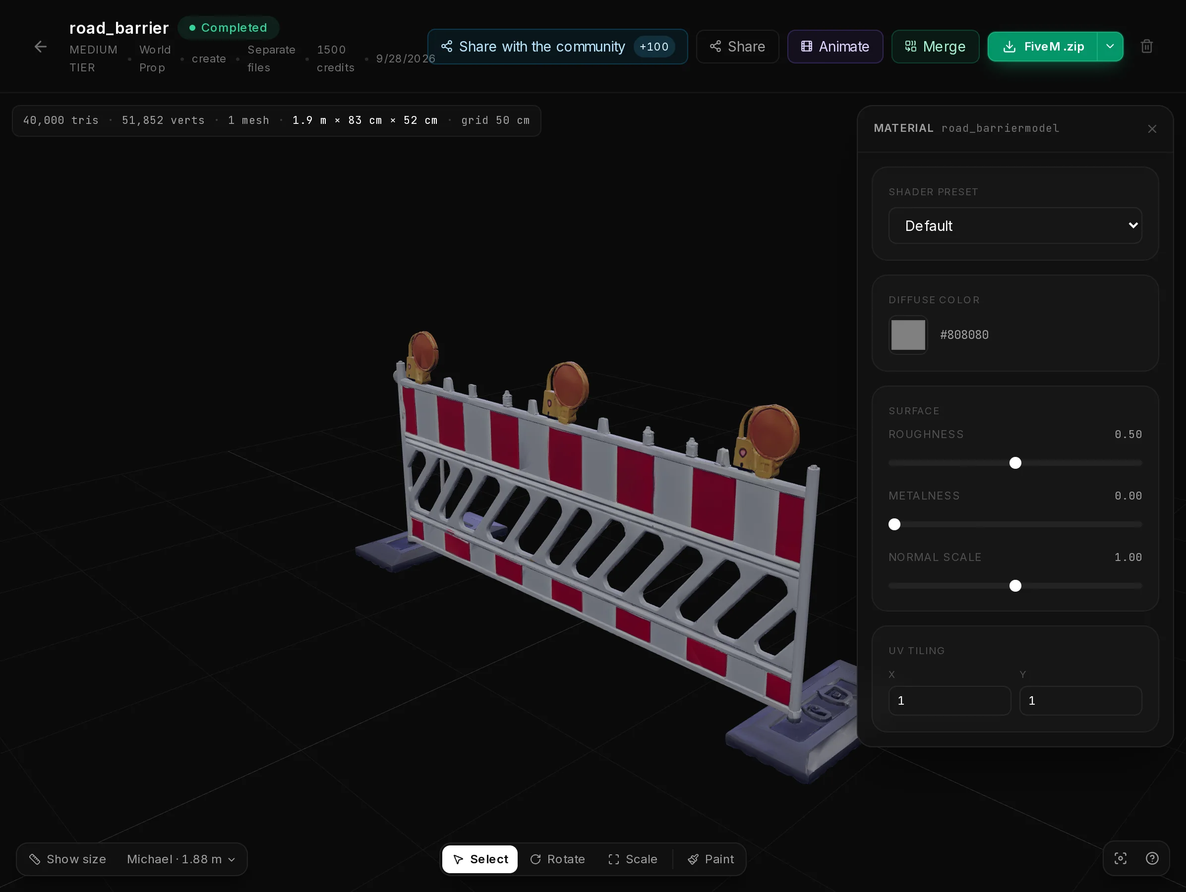 The Material panel after clicking the model: shader preset, diffuse colour, metalness, roughness and UV tiling.