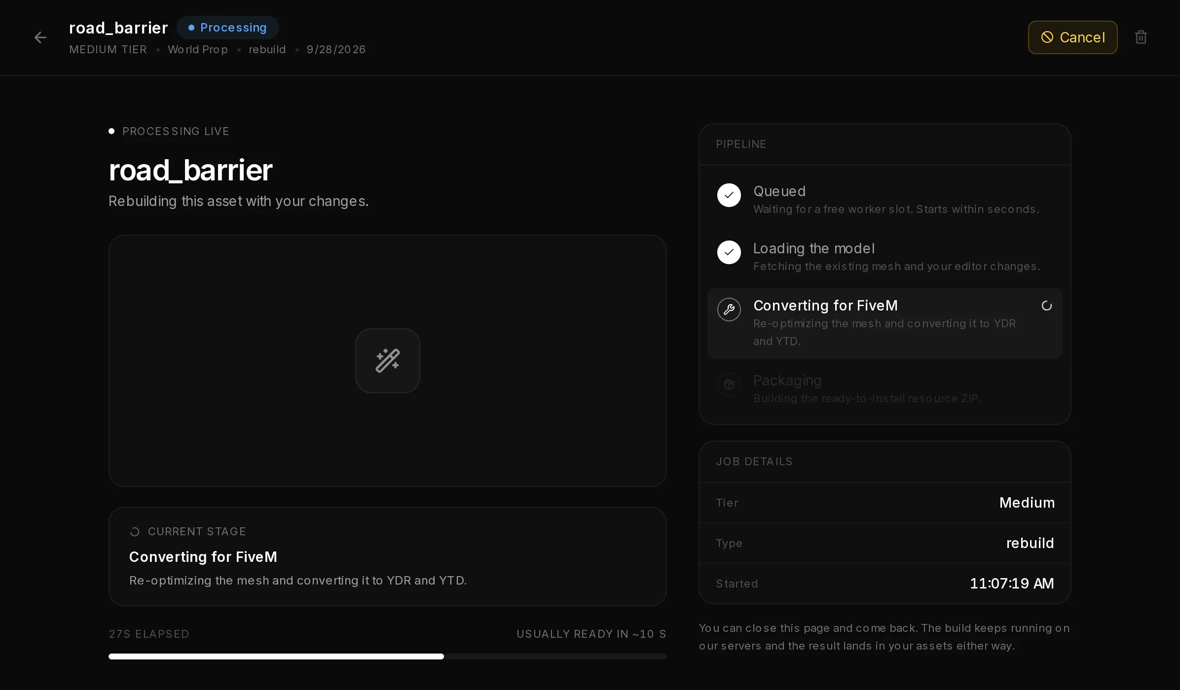 The live build page of a prop: the source picture, the pipeline with its stages, the current stage and the estimated time.