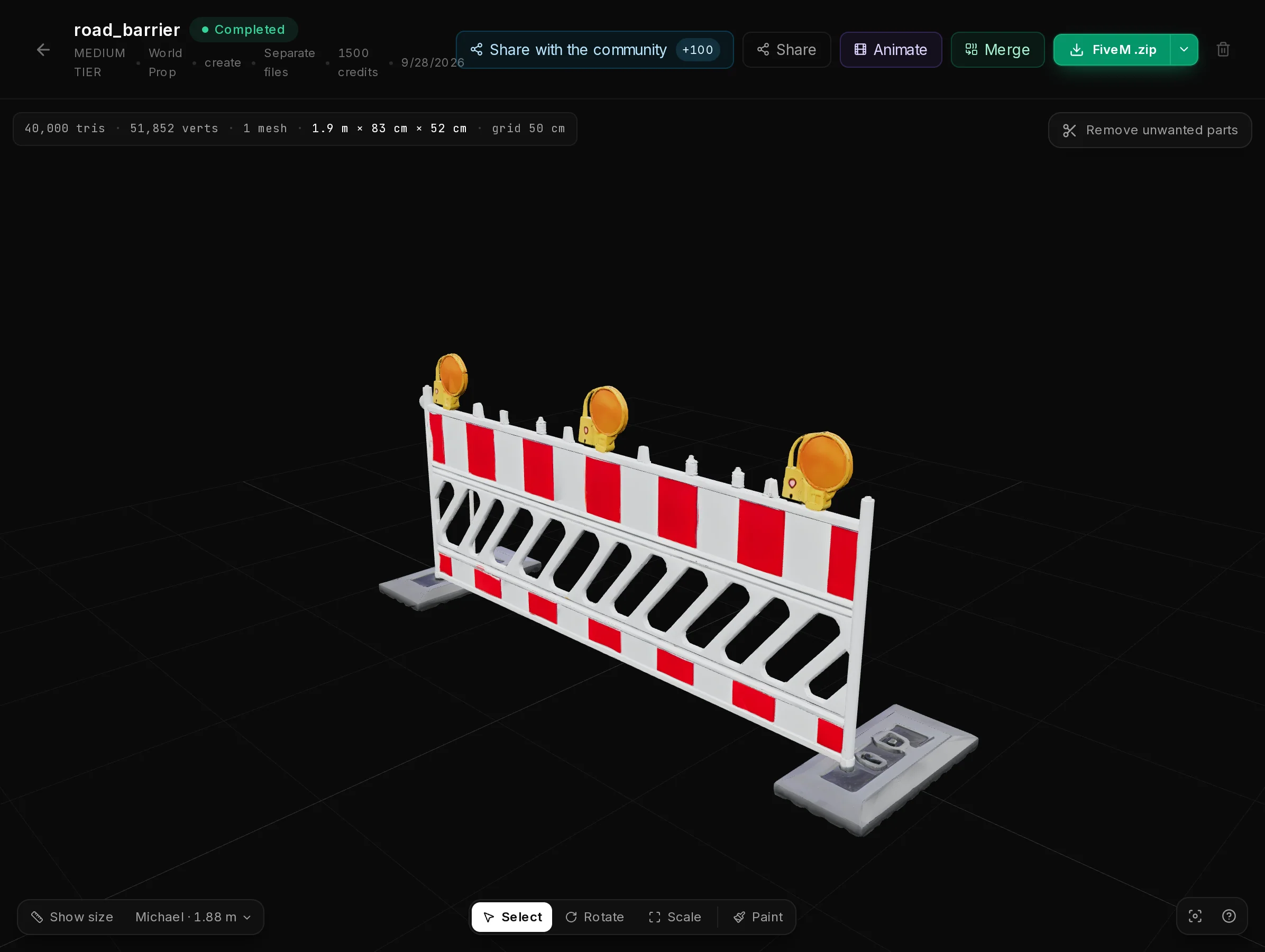 The finished road barrier in the 3D editor: the model on a floor grid, its size and triangle count at the top, the tools at the bottom and the download button top right.