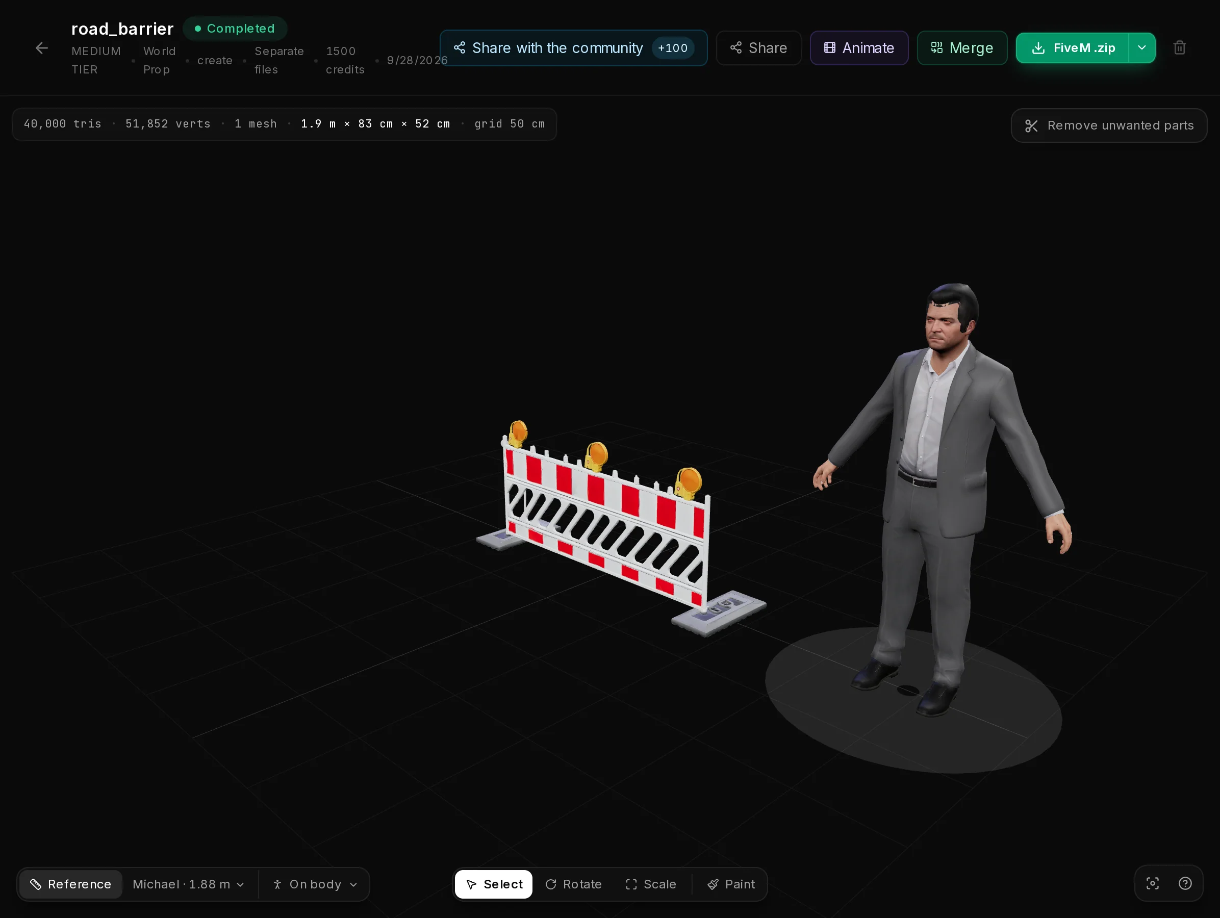 Michael, the GTA V character, standing next to the road barrier at real scale, with the reference controls at the bottom left.