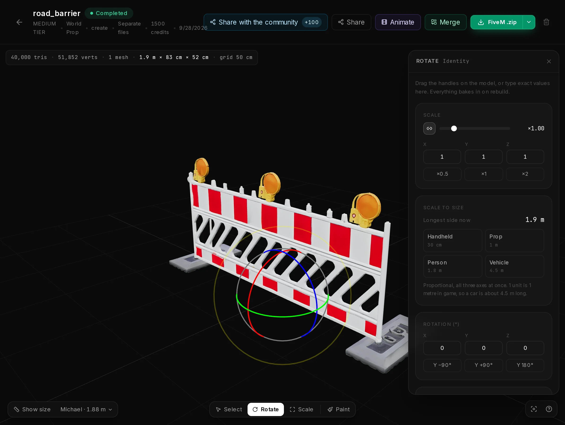 The Rotate tool of the 3D editor: a rotation gizmo on the model and the panel with scale, Scale to size presets and rotation fields.