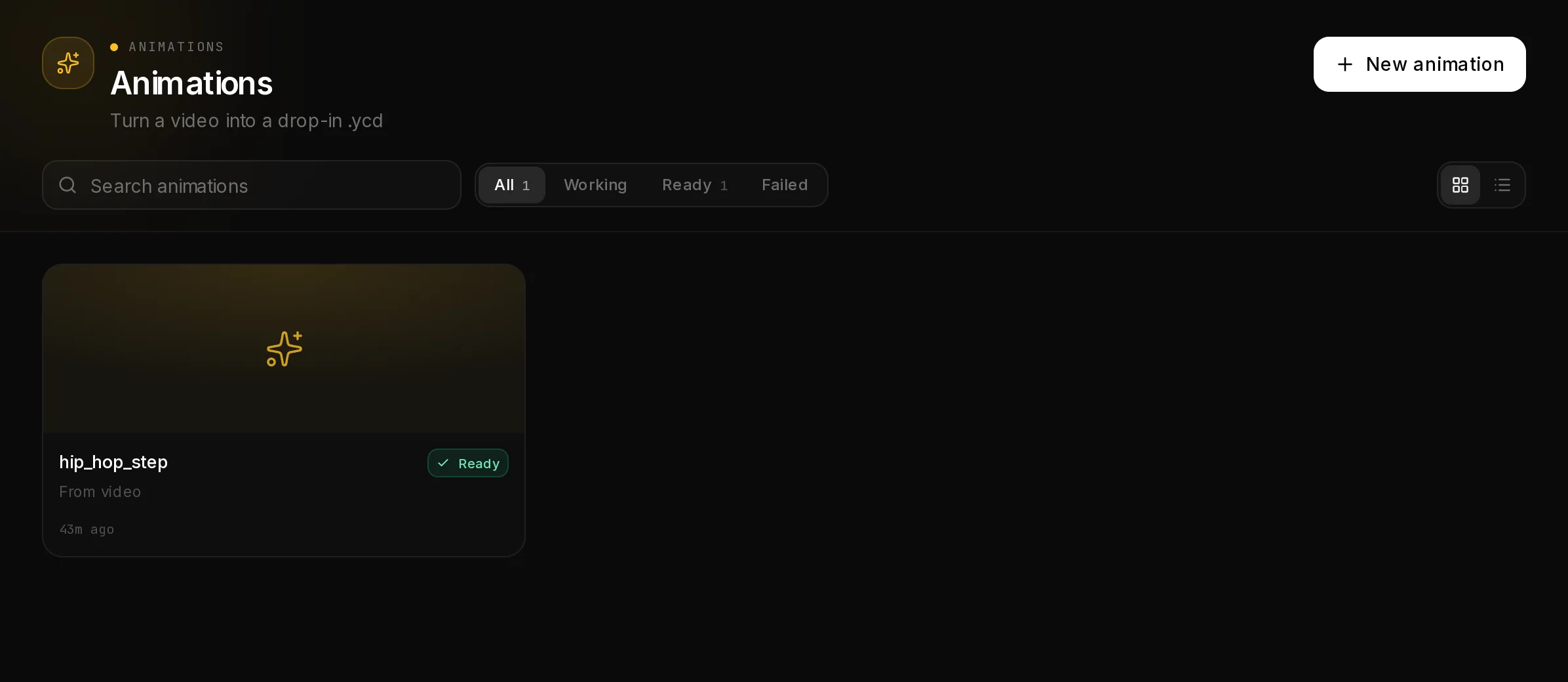 The Animations page with the finished hip_hop_step animation and the New animation button.