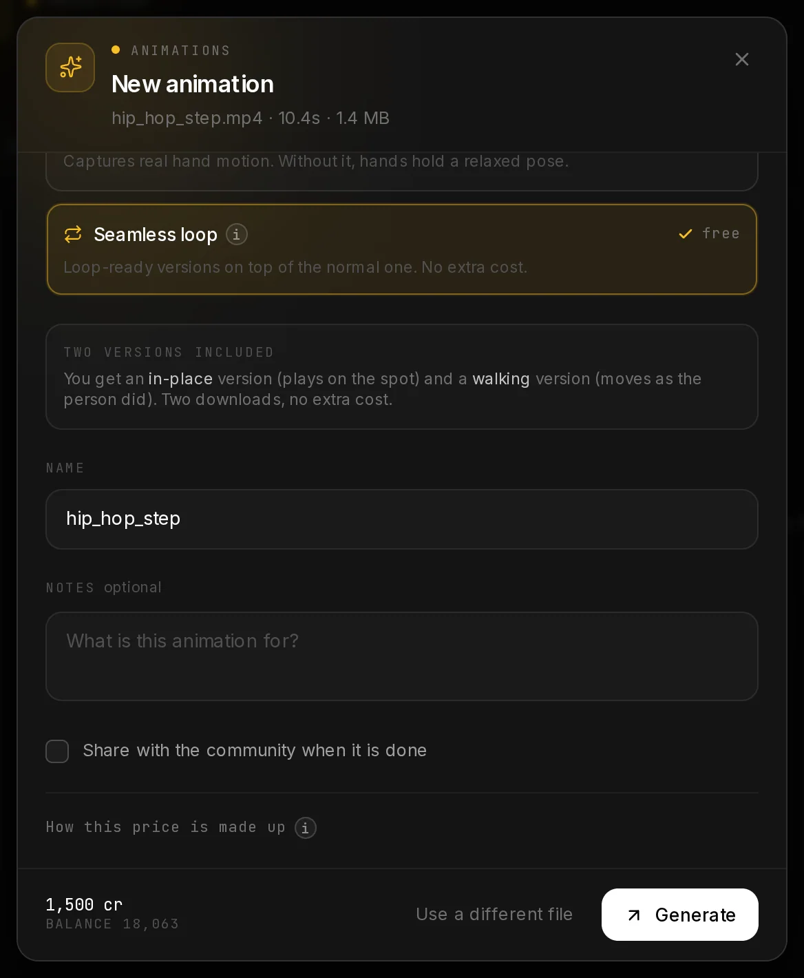 The lower half of the New animation dialog: the note about the two versions, the name field, notes, the community checkbox and the price next to Generate.