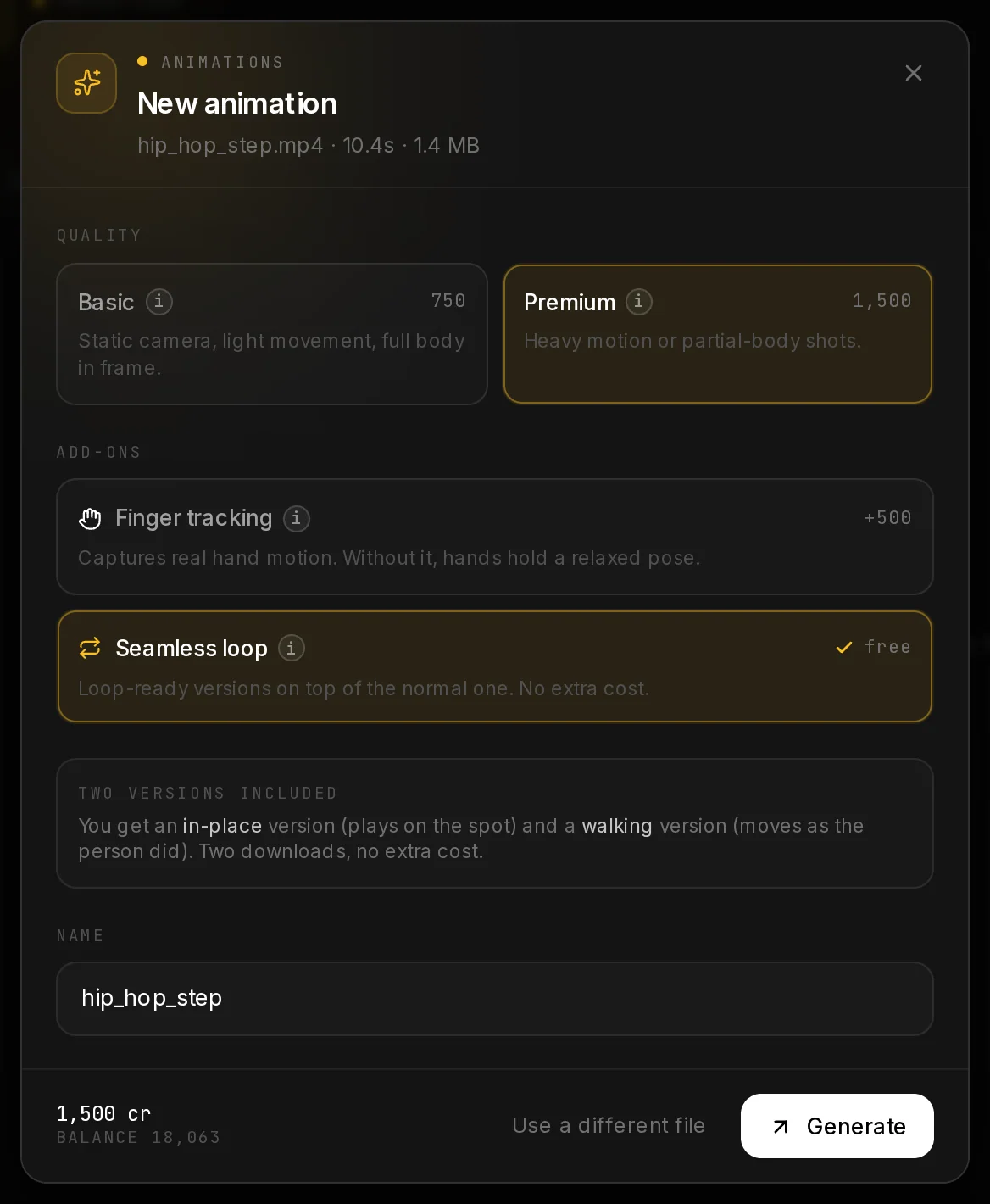 The New animation dialog after choosing a clip: Basic and Premium quality with their prices, and the add-ons Finger tracking and Seamless loop.