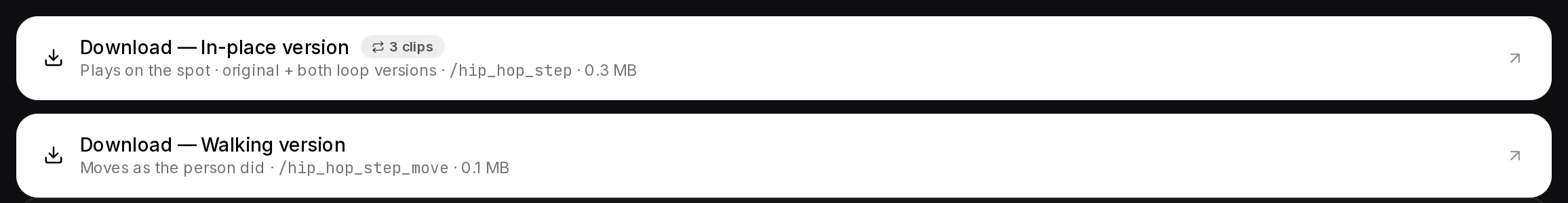The two downloads of a finished animation, In-place with three clips and Walking, each with its chat command.