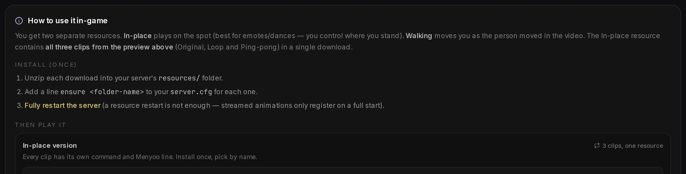 The top of the How to use it in-game panel: the three install steps, then the chat command and the Menyoo line of the first clip, each with a copy button.