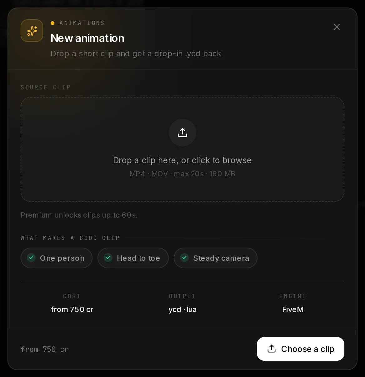 The New animation dialog before a clip is chosen: a drop zone for MP4 or MOV up to 20 seconds, the checklist for a good clip and the starting price.