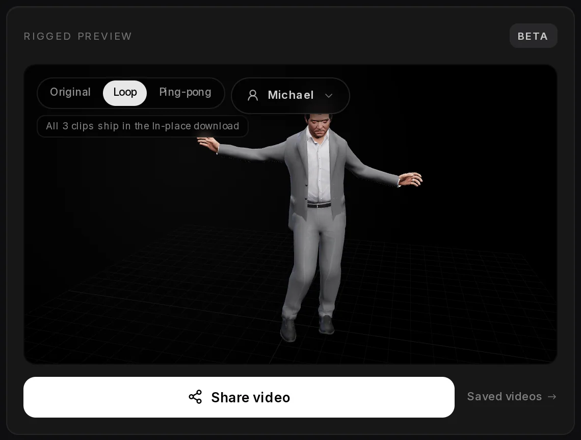 The rigged preview of a finished animation: a GTA ped dancing, the switch between Original, Loop and Ping-pong, the model picker and the Share video button.