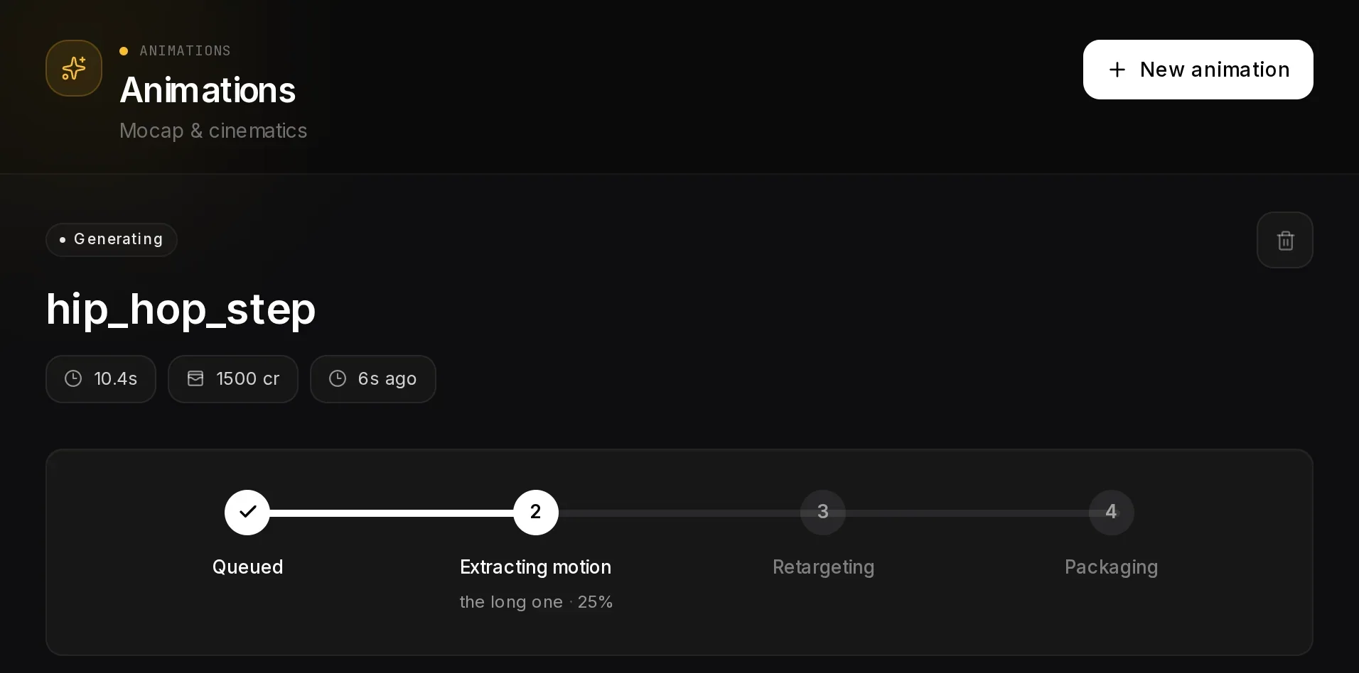 An animation while it is being made: the name, duration and cost, and the four stages with the current one at 25 percent.