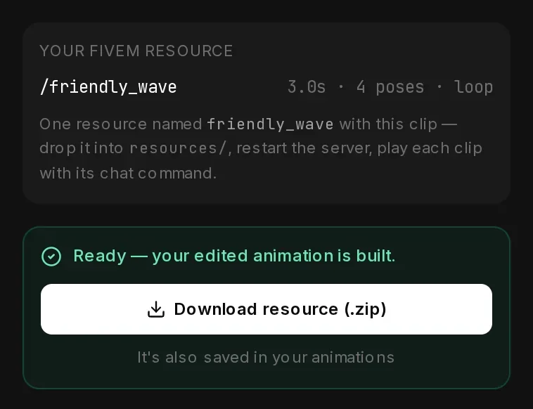 The export panel when the build is done: a green Ready note, the Download resource (.zip) button and the link It's also saved in your animations.
