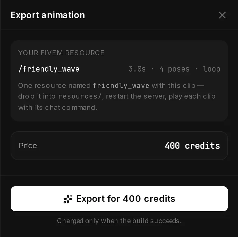 The Export animation panel: Your FiveM resource with /friendly_wave, 3.0 s, 4 poses and loop, the Price of 400 credits, and the Export for 400 credits button with the note Charged only when the build succeeds.