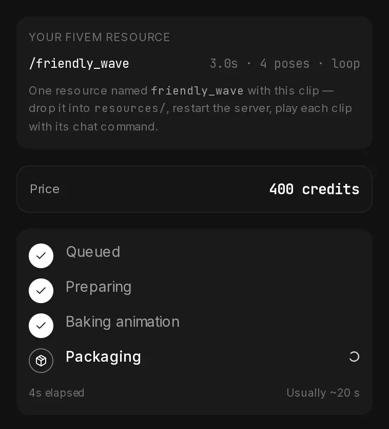 The export panel while the animation is built: Queued, Preparing and Baking animation ticked, Packaging running, 4s elapsed of usually about 20 s.