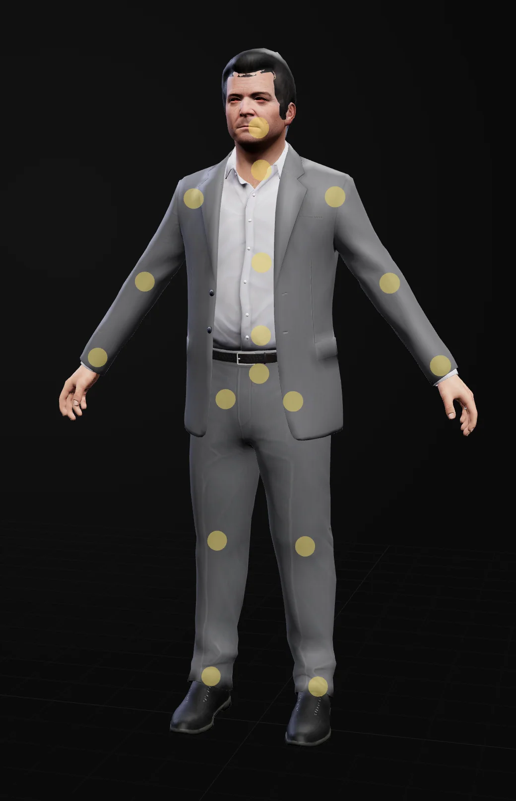 The editor right after Start posing: the ped stands in the rest pose with arms held out, with a glowing dot on every body part you can pose.