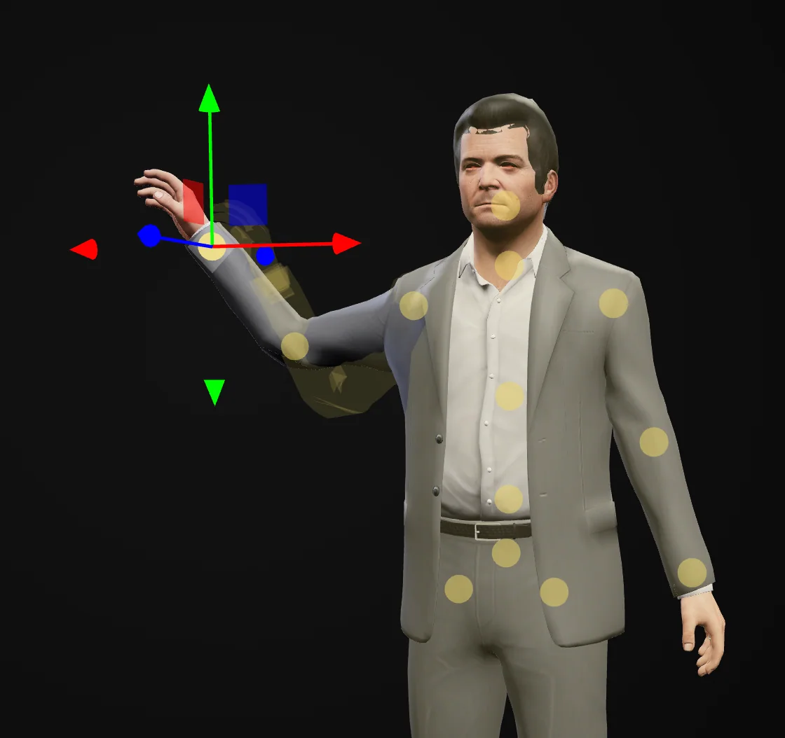 Pose 2 of the wave: the right hand swung outwards, with a faint copy of the ped showing where the hand was in pose 1.