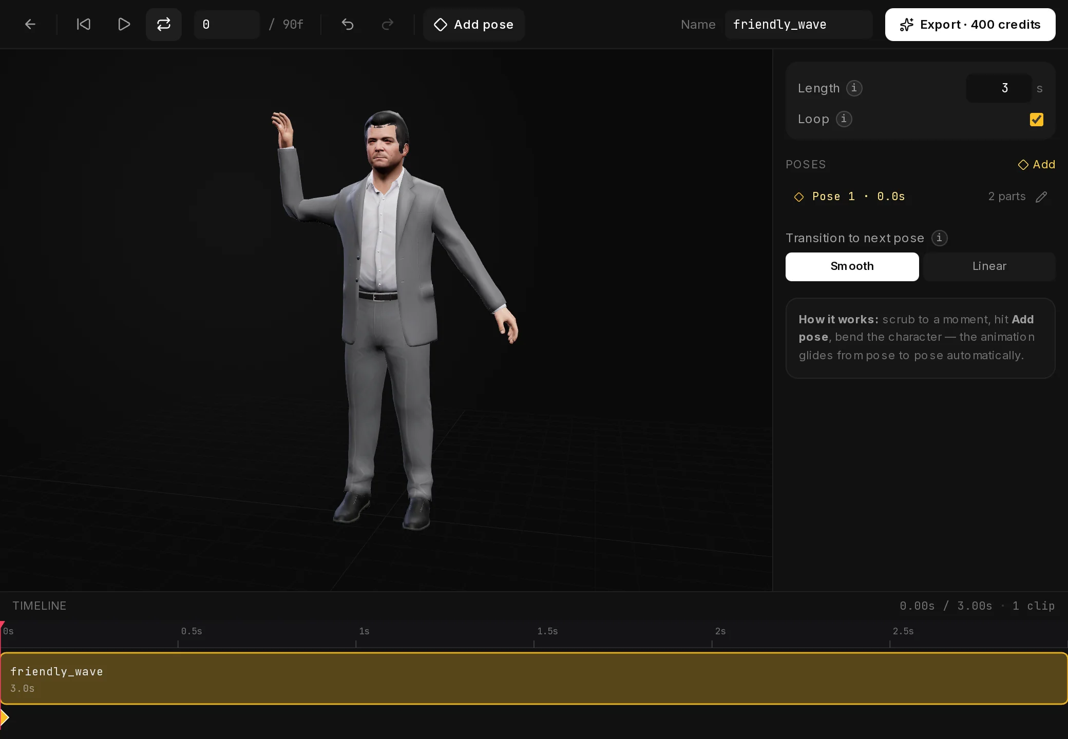 The Animation Builder screen: the toolbar on top, the 3D viewport with the ped in the middle, the pose panel on the right and the timeline at the bottom.