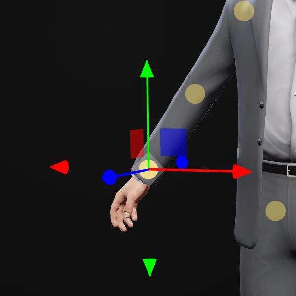 R hand picked: a move handle with a green up arrow, a red side arrow and a blue depth arrow sits on the right hand of the ped.