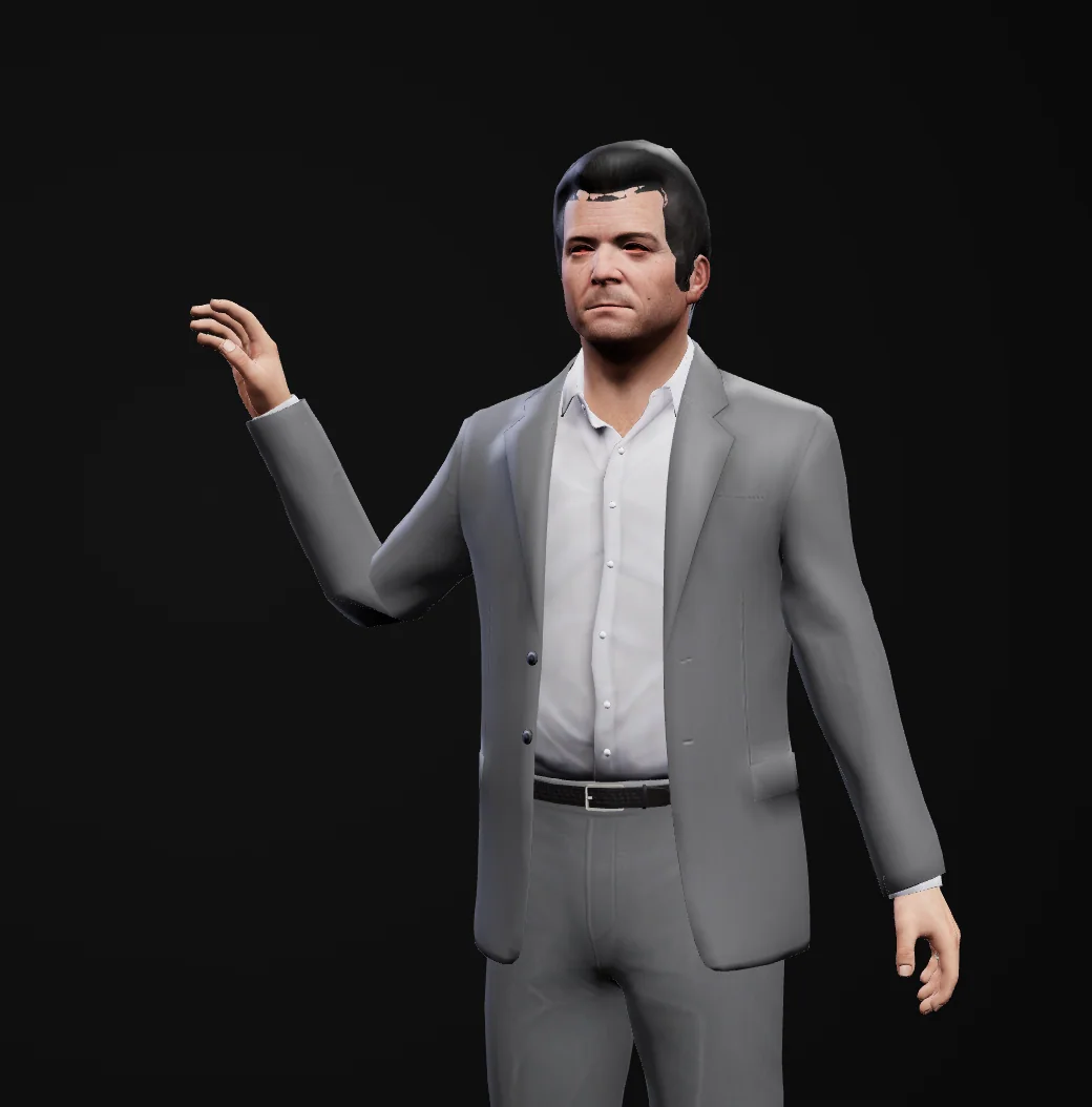 Pose 1 of the wave: the right hand raised beside the head with the palm forward, the left arm down at the side.