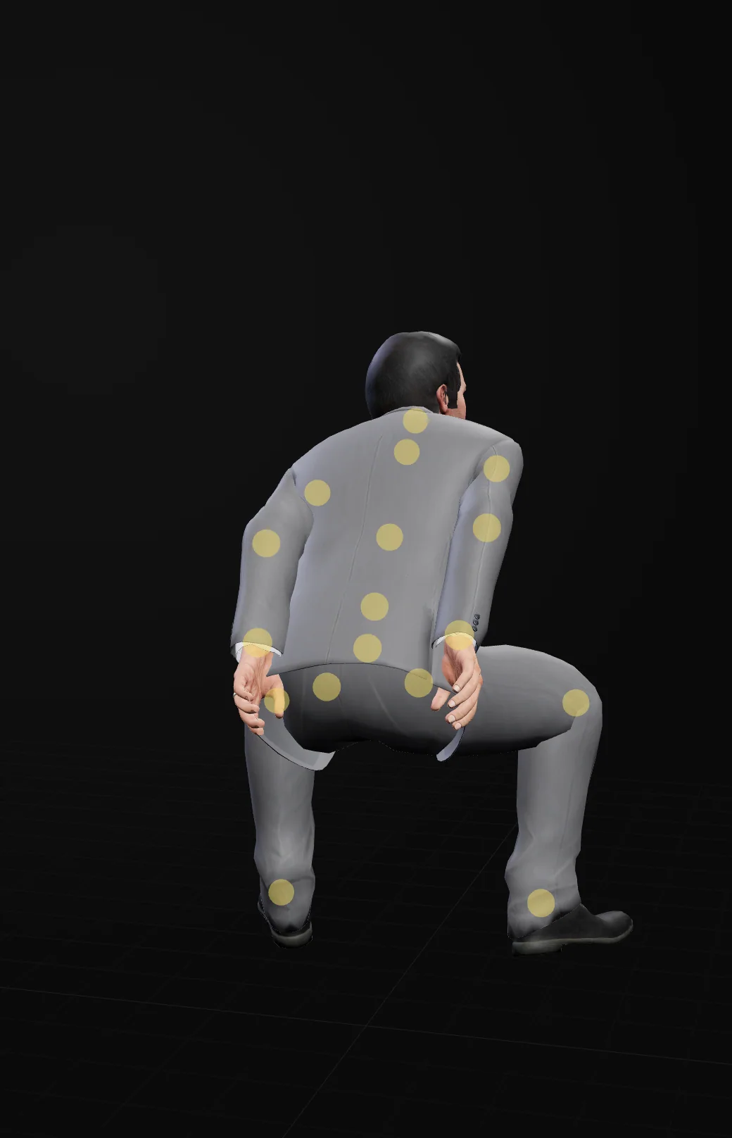 The Wide squat from Start from: knees bent wide and hips low, but the ped now faces away from the camera.