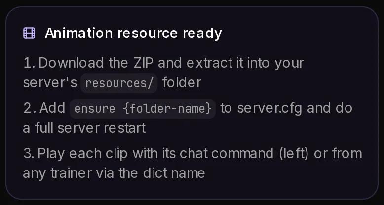 Animation resource ready on the result page: extract the ZIP into resources, add ensure with the folder name and do a full restart, then play the clip with its chat command.