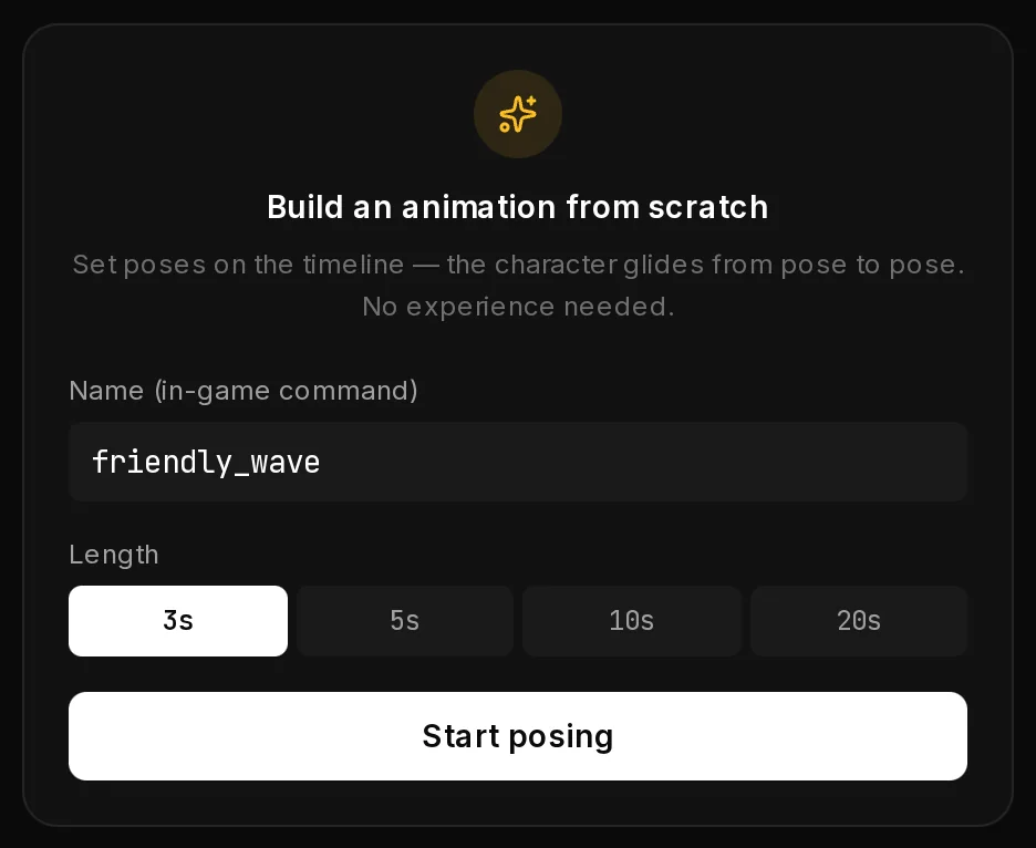 The Animation Builder start card: Build an animation from scratch, the Name (in-game command) field with friendly_wave, the Length buttons 3s, 5s, 10s and 20s, and Start posing.