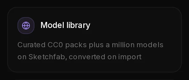 The Model library card on the All tools page: Curated CC0 packs plus a million models on Sketchfab, converted on import.