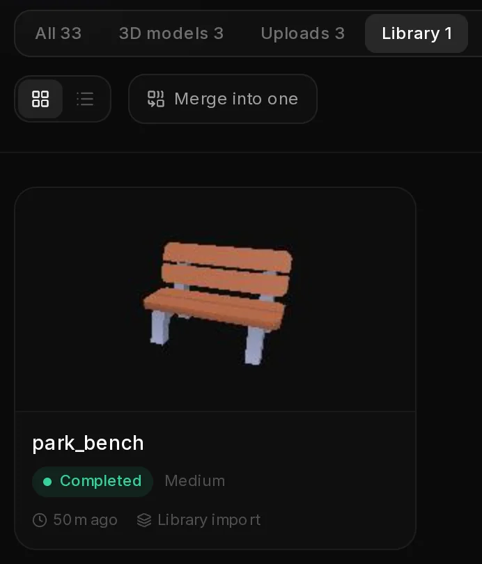 Your assets after the import: the Library filter and the park_bench card with Completed, Medium and Library import.