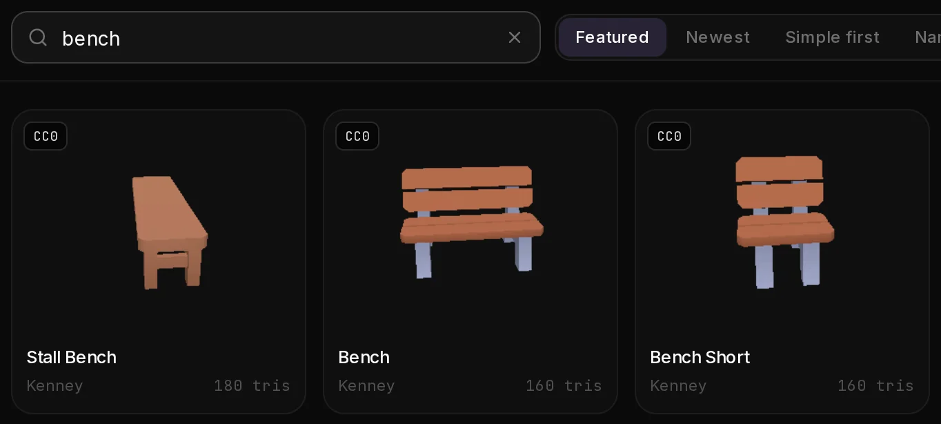 Curated packs after a search for bench: the search field and three benches from the Kenney kits, each with a CC0 badge, the pack name and the triangle count.