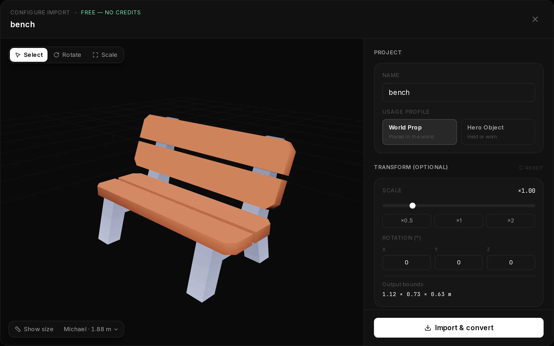 The Configure import dialog of the Kenney bench: a 3D view with Select, Rotate and Scale on the left, and Project, Transform and License on the right with the Import & convert button.