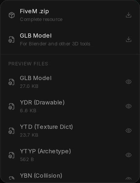 The download menu: FiveM .zip, Complete resource; GLB Model, For Blender and other 3D tools; and Preview files with each file of the resource.