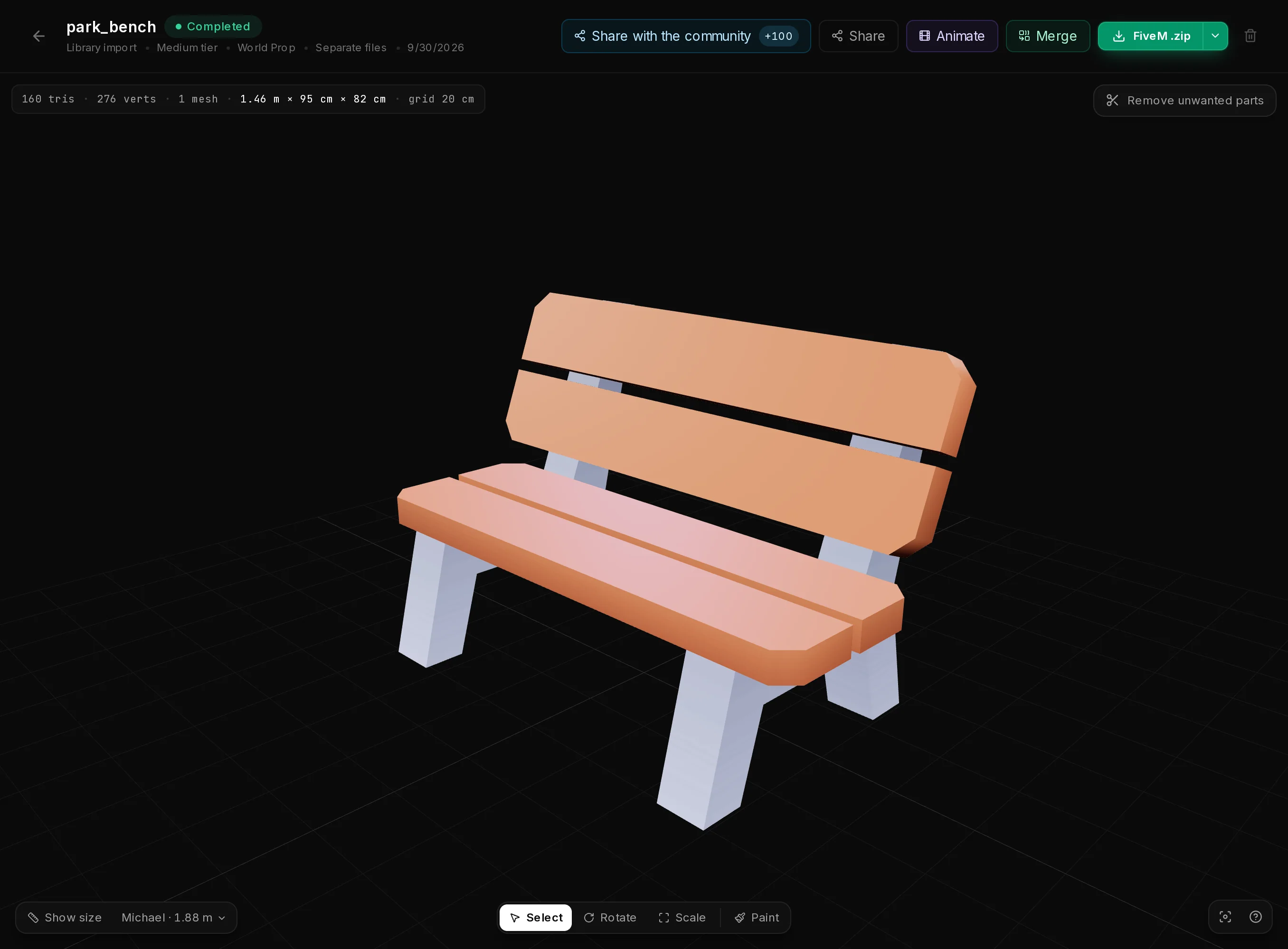 The finished bench on its asset page: the header with Animate, Merge and FiveM .zip, the size bar, and the 3D view with Show size, Select, Rotate, Scale and Paint.