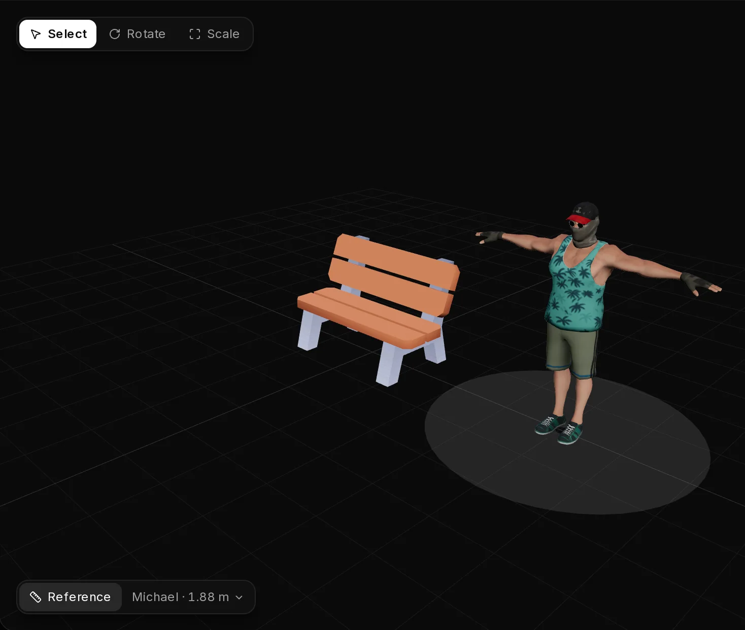 The 3D view of the import dialog with the size reference on: Michael, 1.88 m, stands next to the bench at scale x1.30.