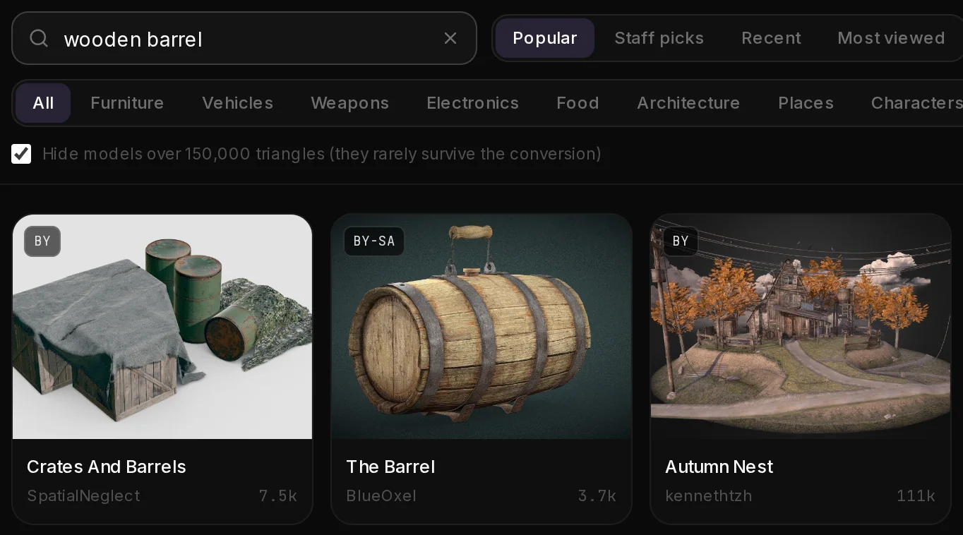 Sketchfab results for wooden barrel: each card shows a picture, the licence badge (BY or BY-SA), the name, the author and the triangle count.
