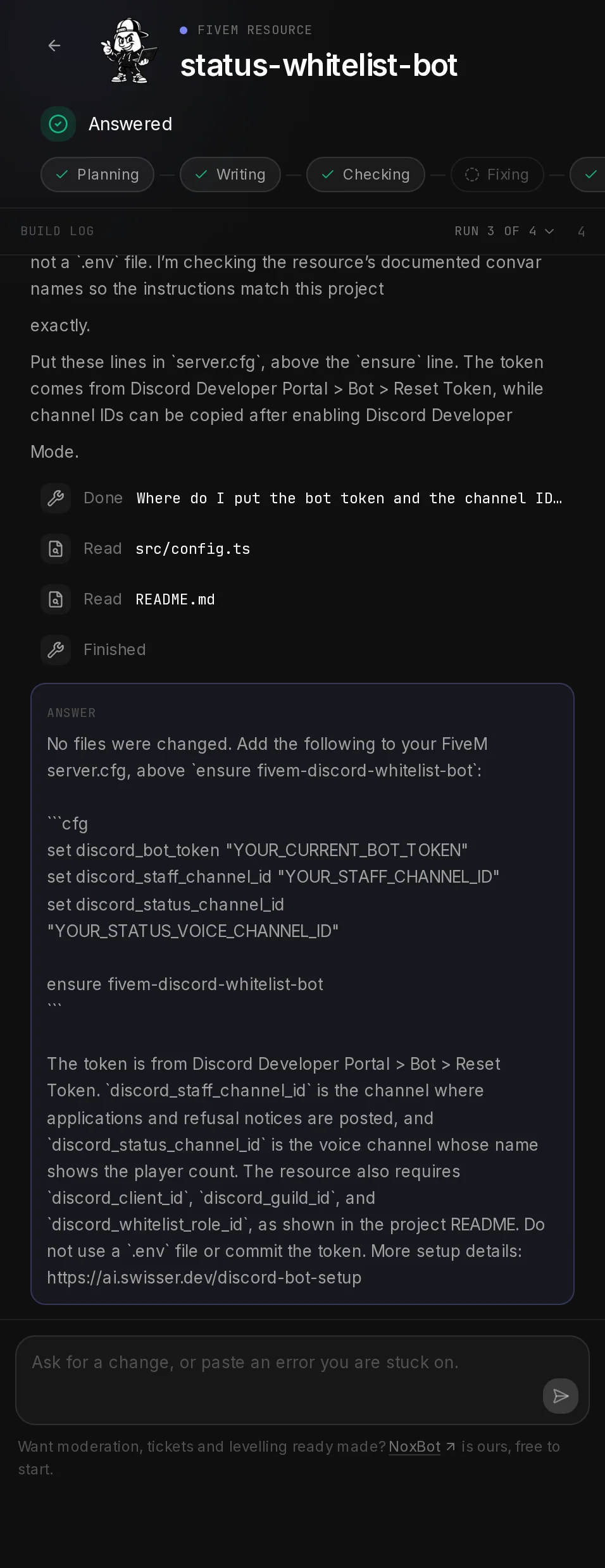 A question answered in the build log: the Answer box with the server.cfg lines to add, and Answered in the status line.