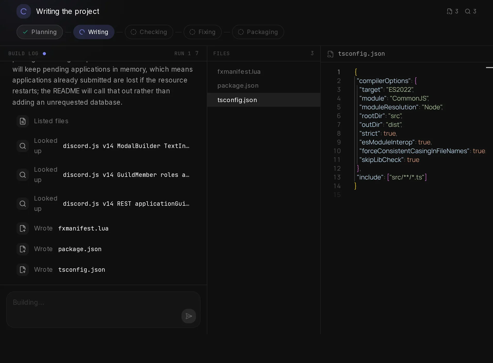 A FiveM bot being built: the status line says Writing the project, the phase rail shows Writing, the log lists each step.