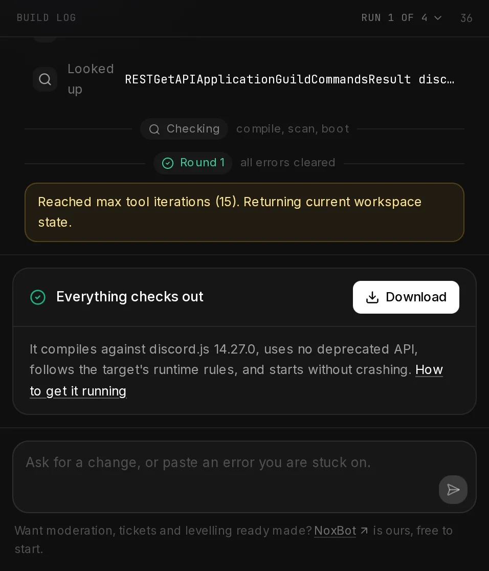 The end of a build log: a Checking divider, a Round 1 all errors cleared divider after the fixing round, and the checks panel with Everything checks out.