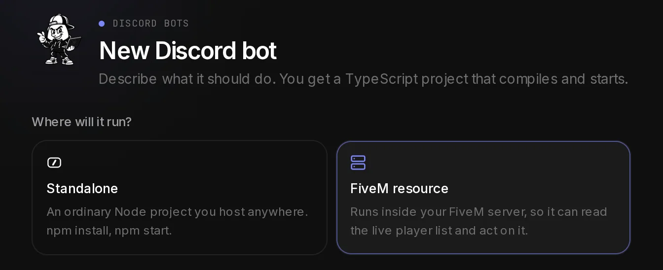 The top of the New Discord bot page with the two targets, Standalone and FiveM resource, and FiveM resource selected.
