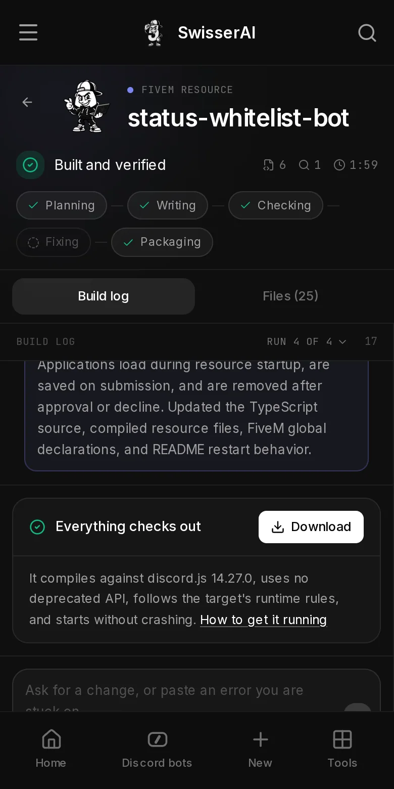 The bot workspace on a phone: Build log and Files are two tabs instead of two columns.