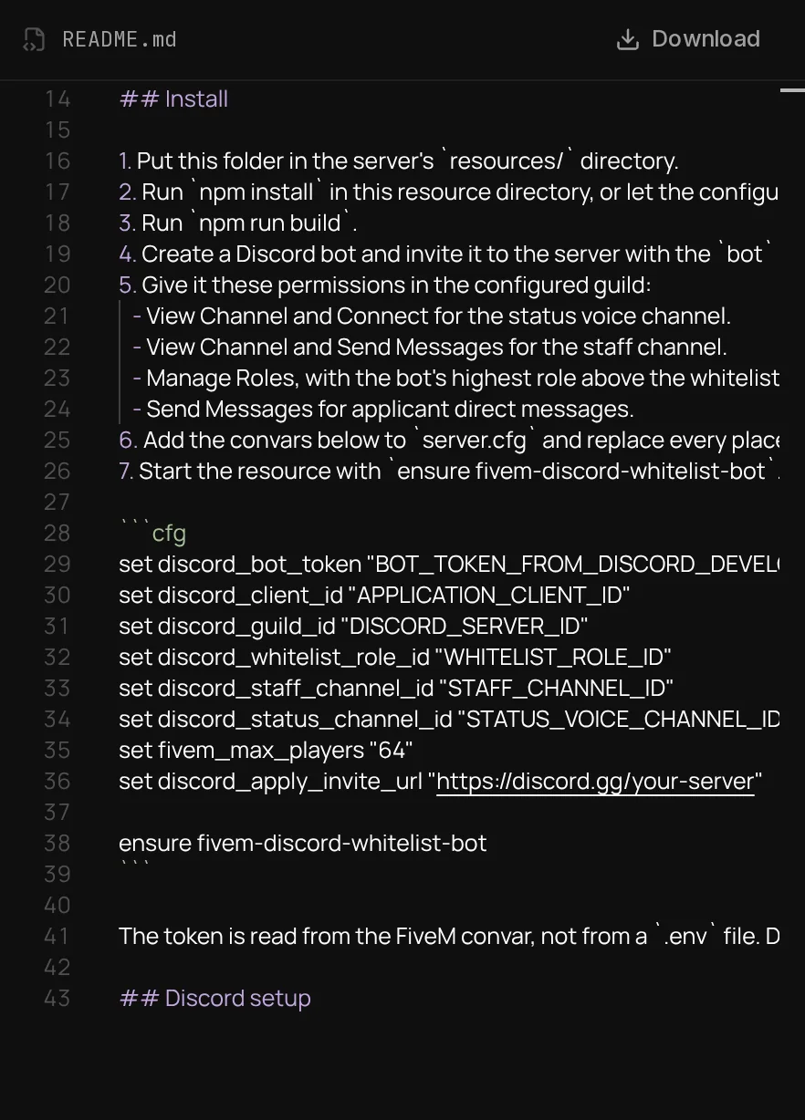 README.md of the FiveM bot in the editor, at the server.cfg block with the set lines for the token, the ids and the ensure line.