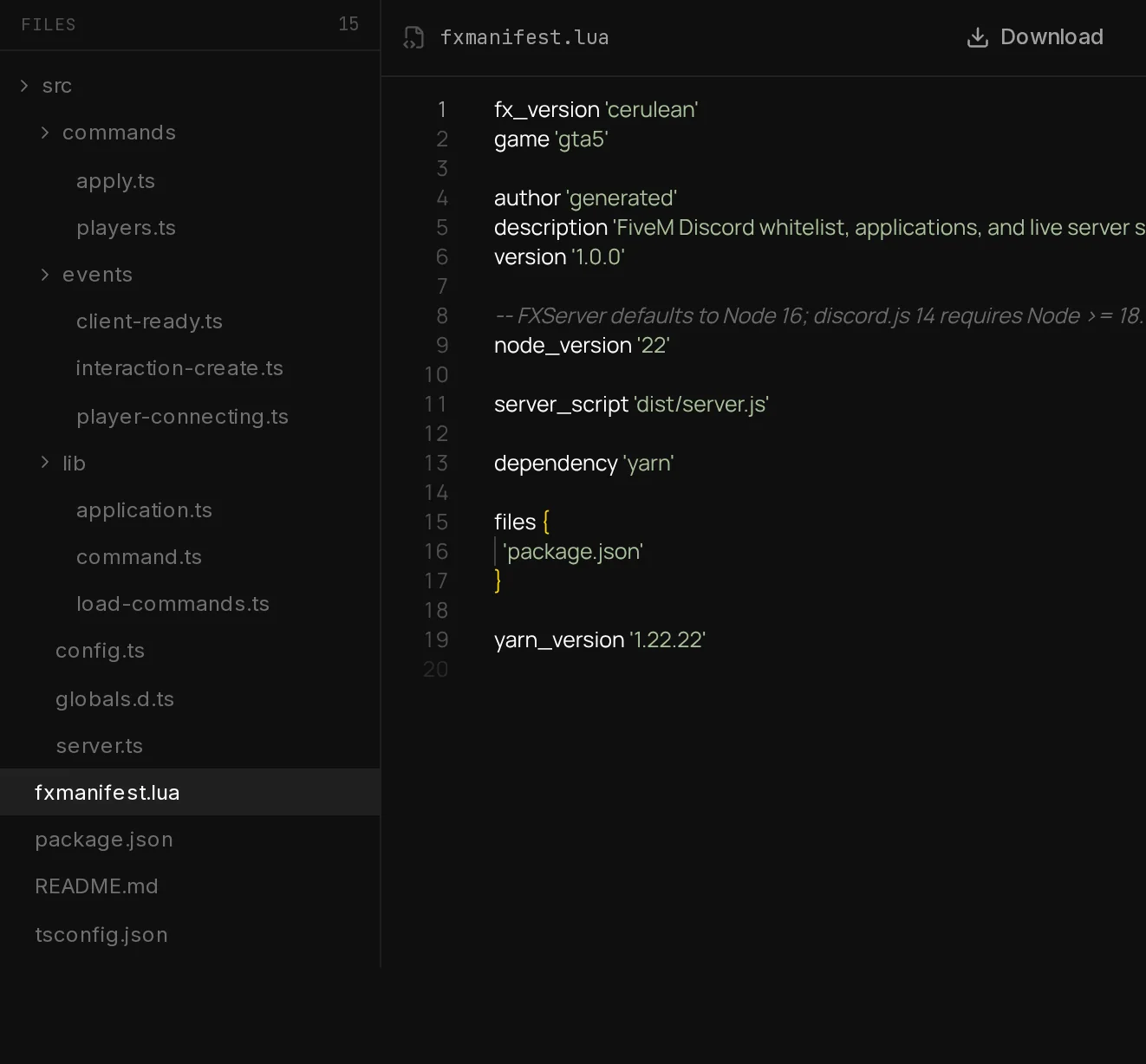 The file panel of a FiveM bot with fxmanifest.lua open: node_version 22, dist/server.js as the server script and yarn as a dependency.