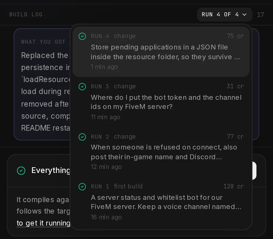 The run list of a bot: the first build and later changes, each with its request, its cost and when it ran.