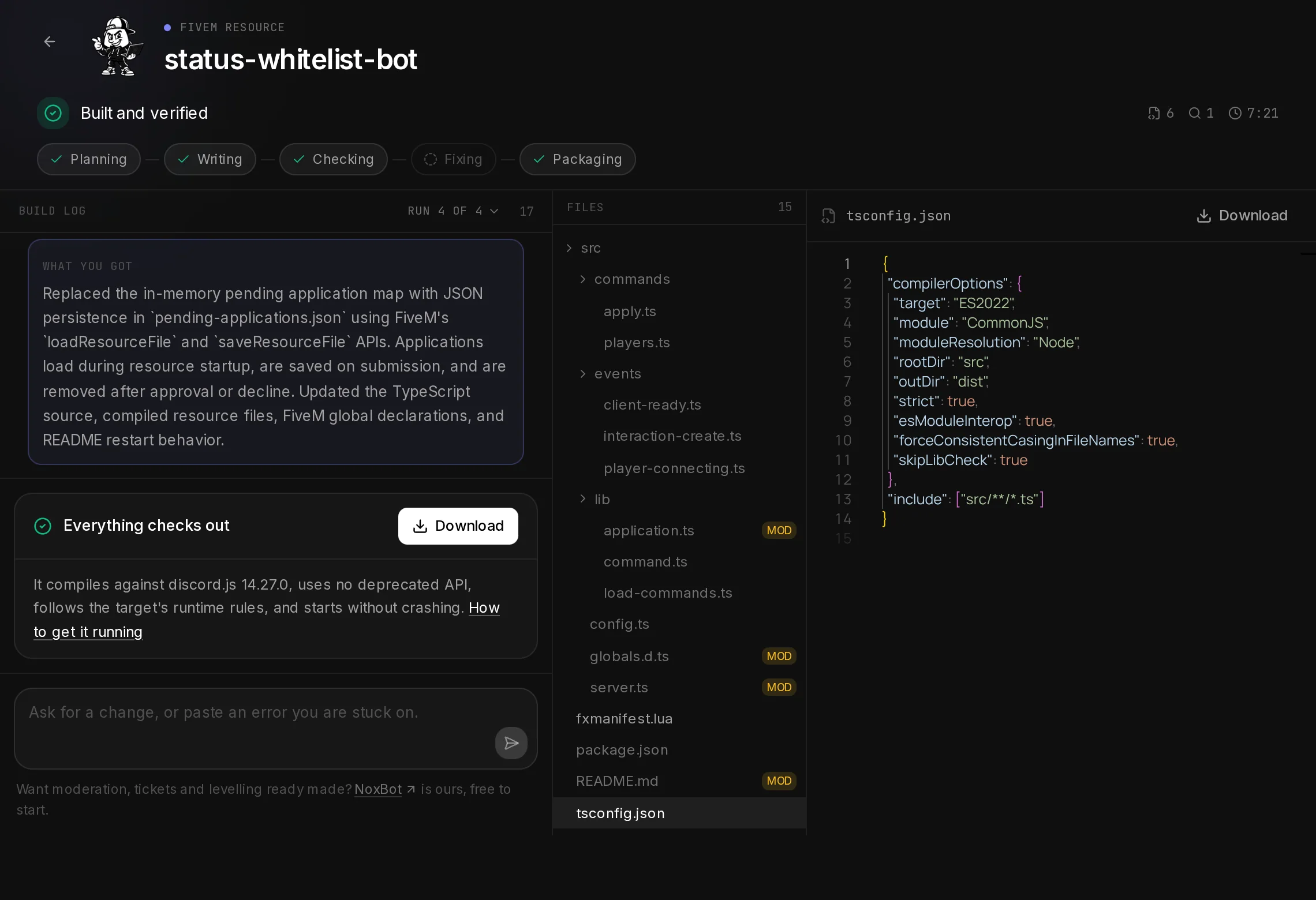 A finished FiveM bot after a change: What you got and the checks on the left, the file tree and the code on the right.