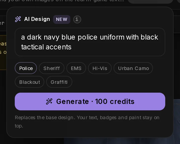 The AI design panel of the EUP Maker with a police prompt filled in, the idea chips and the Generate button.