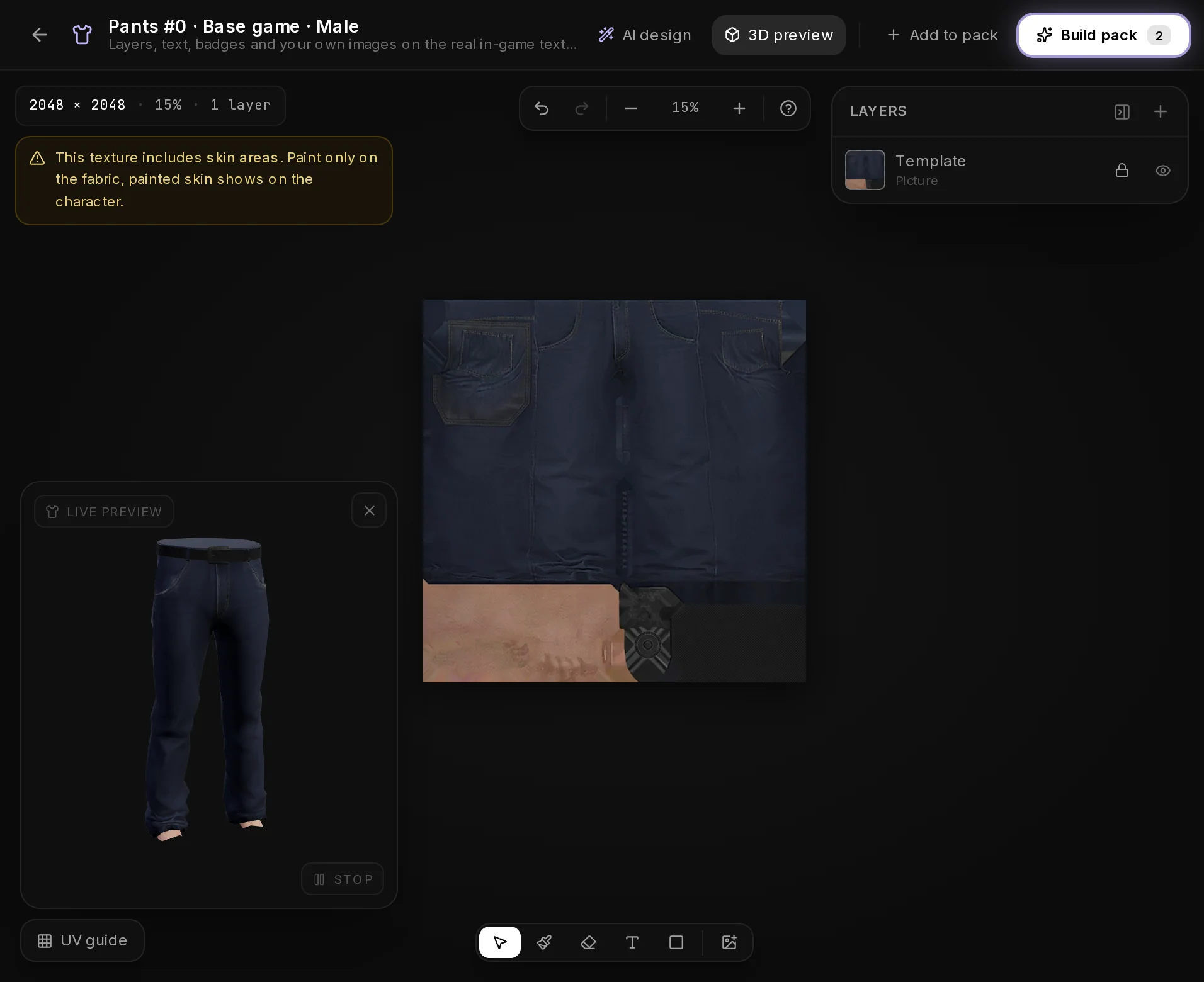 Police pants restyled by AI design in the EUP Maker: a dark navy texture, the 3D preview and the glowing Build pack button.