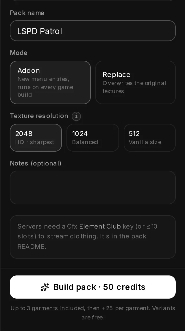 The build settings of an EUP Maker pack: pack name, Addon or Replace mode, texture resolution, notes and the Build pack button with its price.